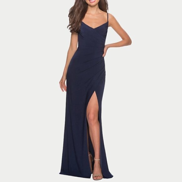 La Femme Faux Wrap Side Pleated Navy Dress With Leg Slit Size 0 #28079
